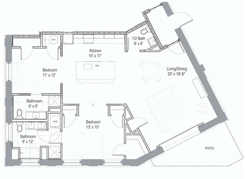 Floor plan for 2 beds, 2.5 baths, 1294 sqft